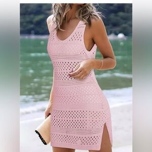 Crochet pink Knit Cover-Up Dress with Side Slit new